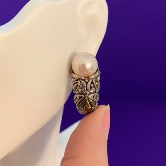 925 Sterling Silver Pearl Earrings Scroll Detail - Picture 1 of 14